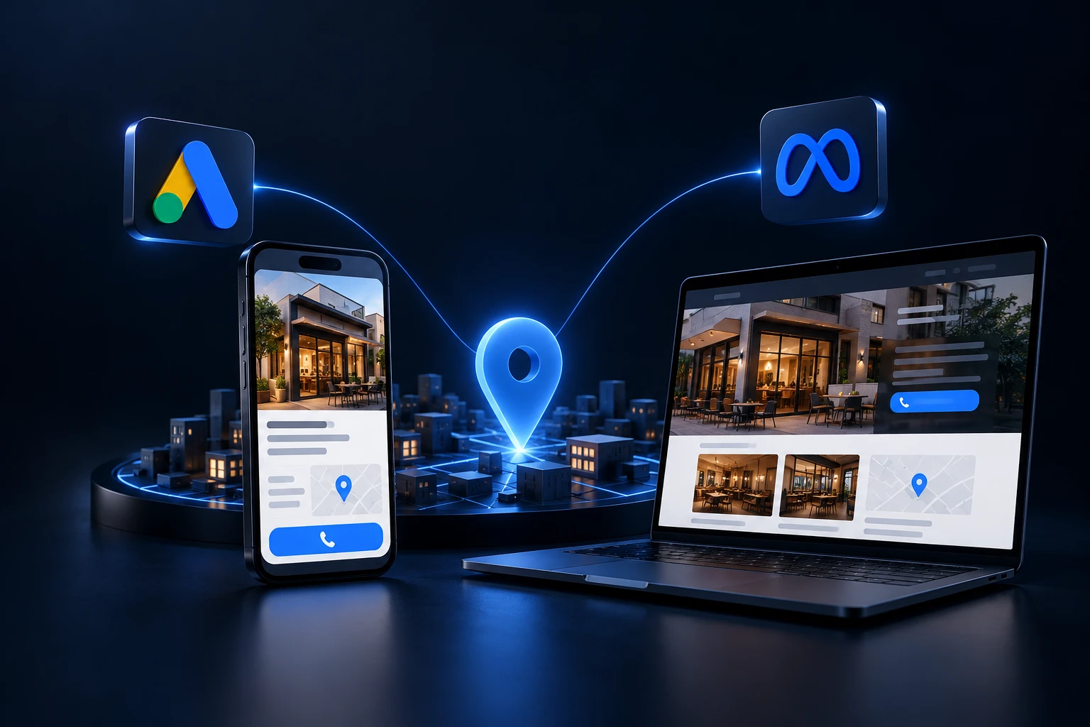 Celular, computador e símbolos do Google Ads e da Meta compondo uma estratégia digital integrada