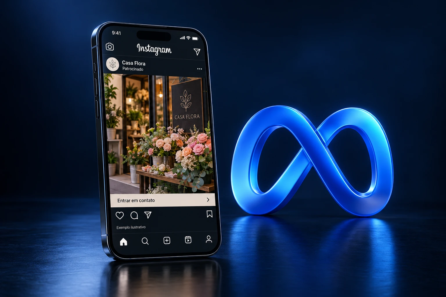 Celular com anúncio ilustrativo no Instagram e símbolo da Meta em 3D